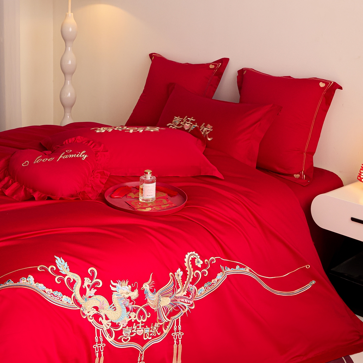 91家纺网 家纺一手货源 找家纺 东方合美（原：皇家传奇） 2025新款长绒棉纯棉婚庆刺绣小红书系列四件套 喜乐龙凤