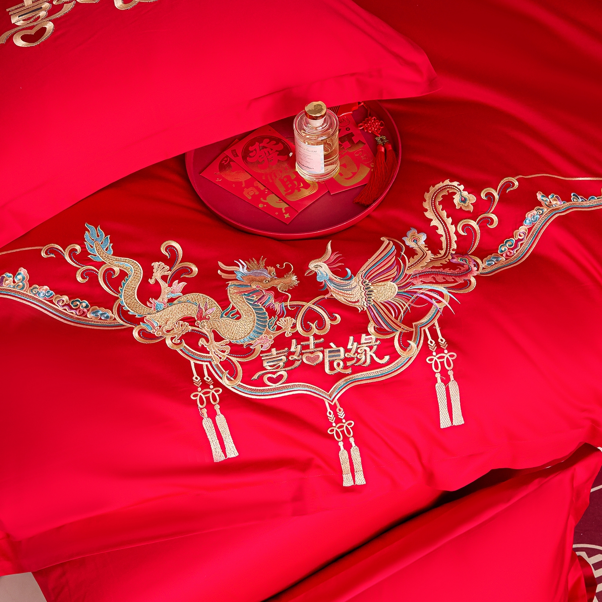 91家纺网 家纺一手货源 找家纺 东方合美（原：皇家传奇） 2025新款长绒棉纯棉婚庆刺绣小红书系列四件套 喜乐龙凤