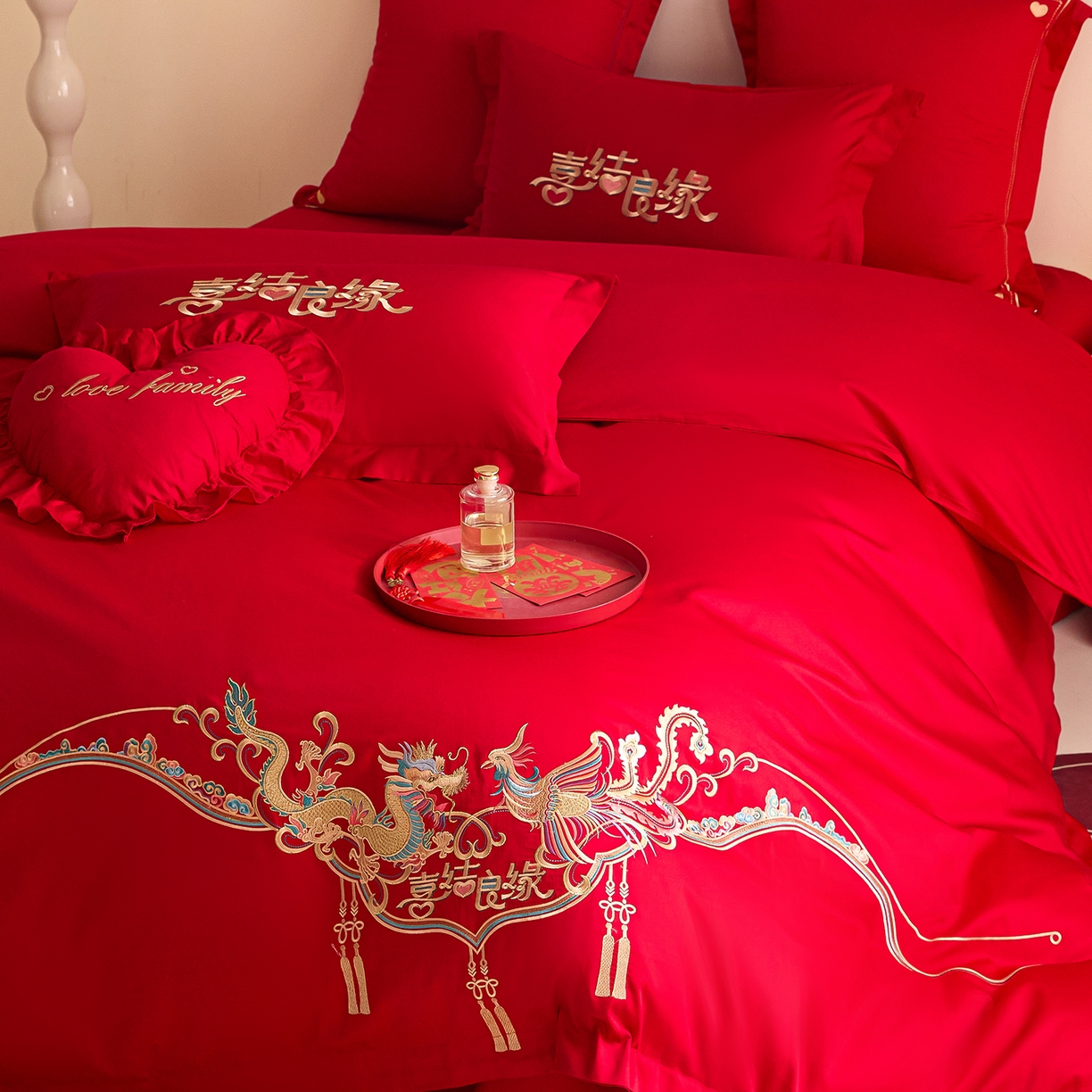91家纺网 家纺一手货源 找家纺 东方合美（原：皇家传奇） 2025新款长绒棉纯棉婚庆刺绣小红书系列四件套 喜乐龙凤