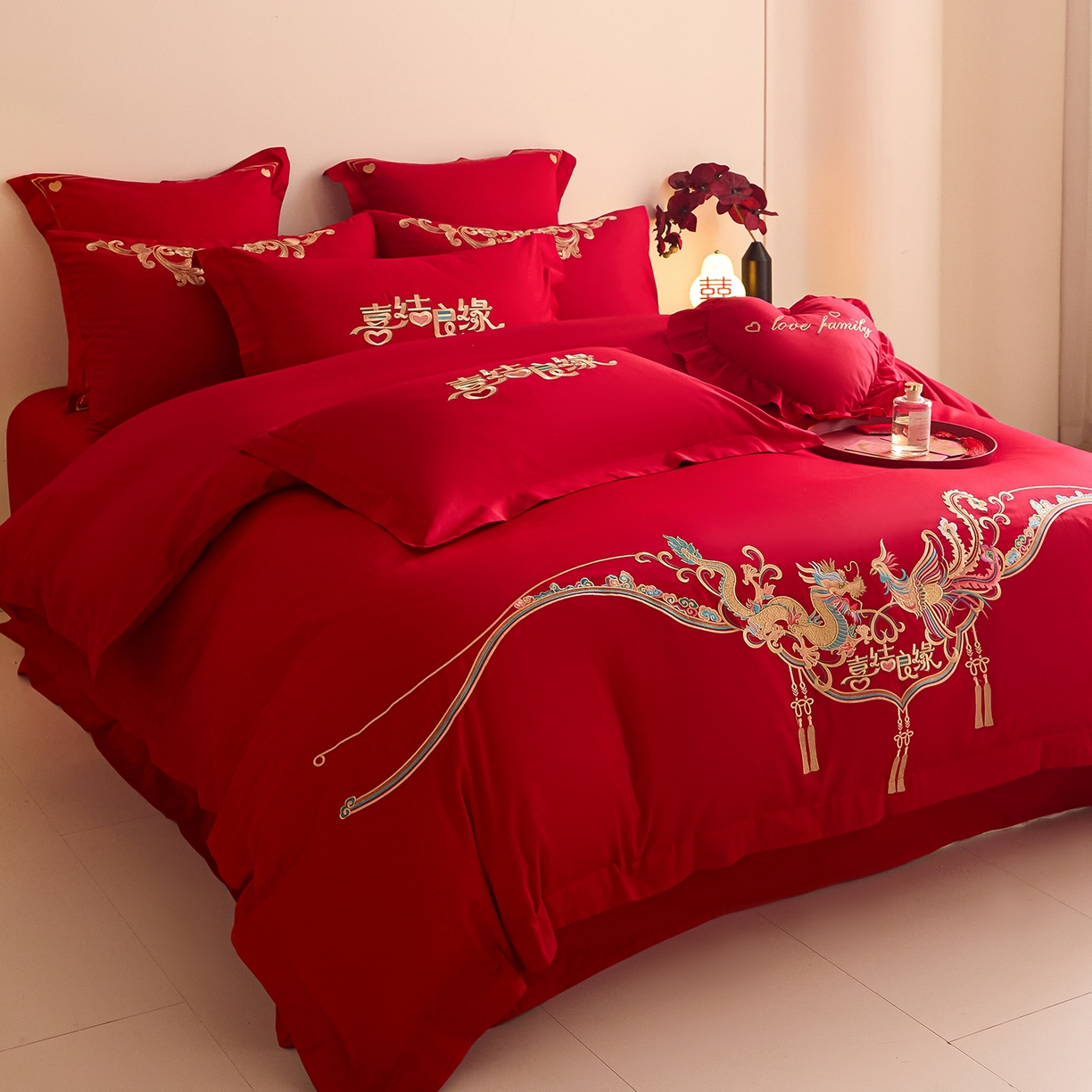 91家纺网 家纺一手货源 找家纺 东方合美（原：皇家传奇） 2025新款长绒棉纯棉婚庆刺绣小红书系列四件套 喜乐龙凤