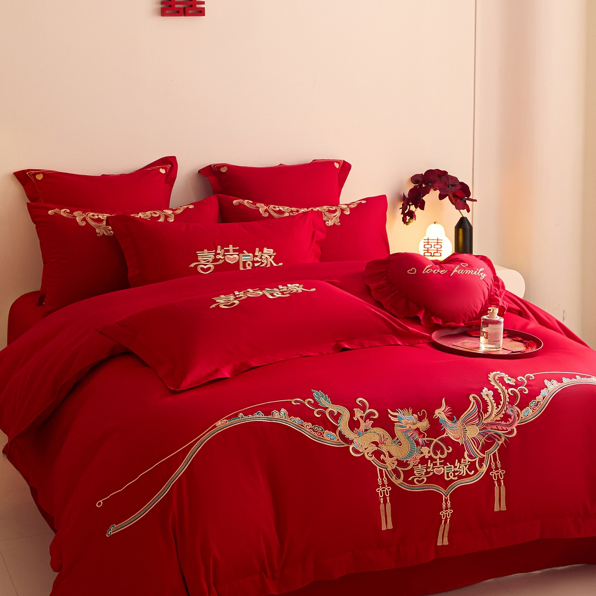 91家纺网 家纺一手货源 找家纺 东方合美（原：皇家传奇） 2025新款长绒棉纯棉婚庆刺绣小红书系列四件套 喜乐龙凤