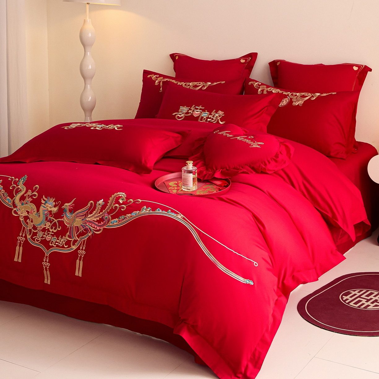91家纺网 家纺一手货源 找家纺 东方合美（原：皇家传奇） 2025新款长绒棉纯棉婚庆刺绣小红书系列四件套 喜乐龙凤