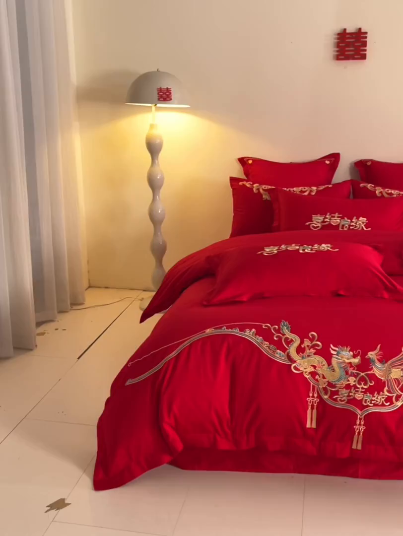 91家纺网 家纺一手货源 找家纺 东方合美（原：皇家传奇） 2025新款长绒棉纯棉婚庆刺绣小红书系列四件套 喜乐龙凤