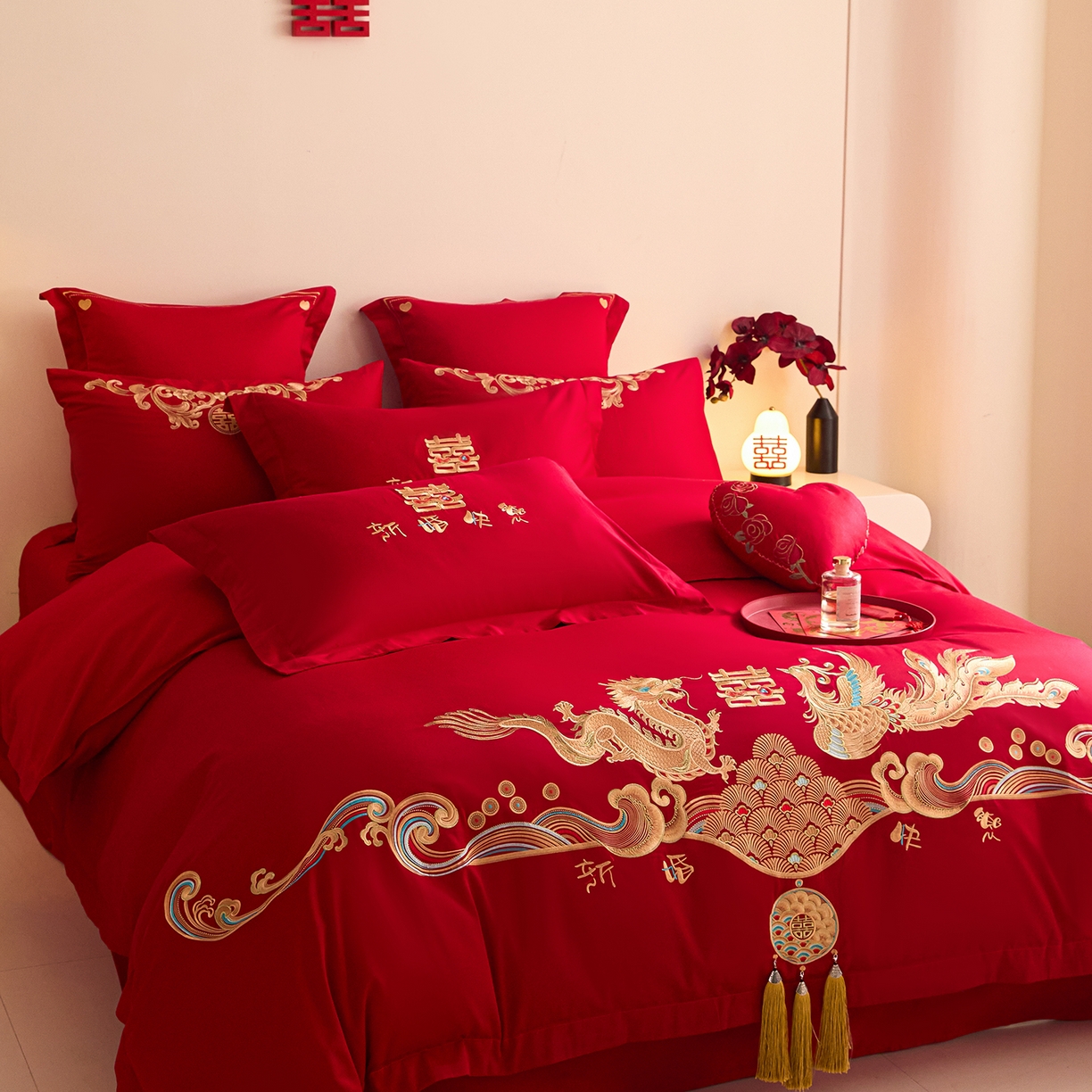 91家纺网 家纺一手货源 找家纺 东方合美（原：皇家传奇） 2025新款长绒棉纯棉婚庆刺绣小红书系列四件套 幸福嫁到