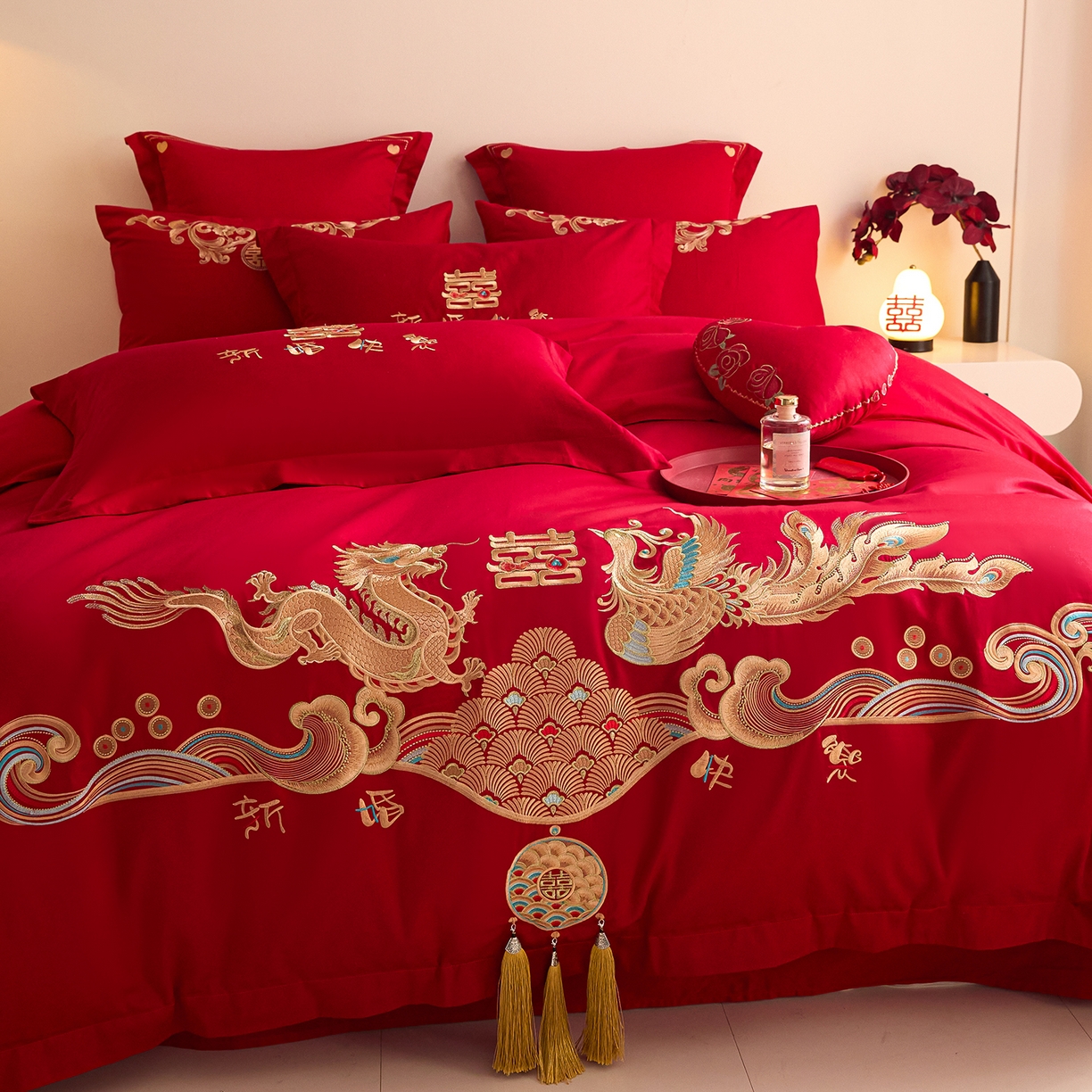 91家纺网 家纺一手货源 找家纺 东方合美（原：皇家传奇） 2025新款长绒棉纯棉婚庆刺绣小红书系列四件套 幸福嫁到