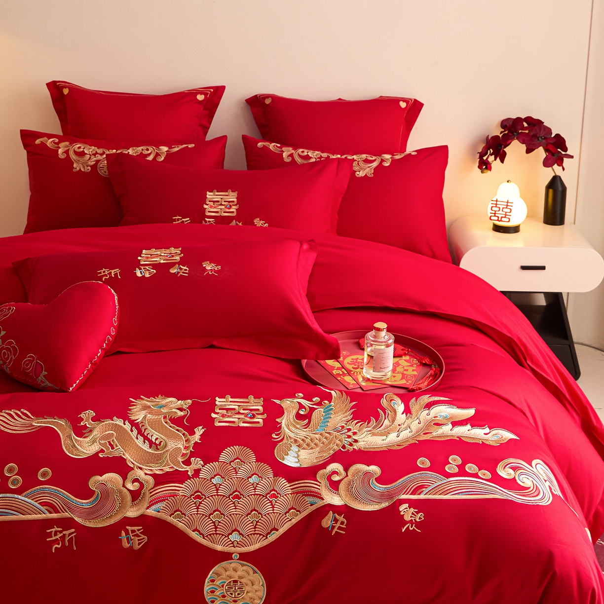 91家纺网 家纺一手货源 找家纺 东方合美（原：皇家传奇） 2025新款长绒棉纯棉婚庆刺绣小红书系列四件套 幸福嫁到