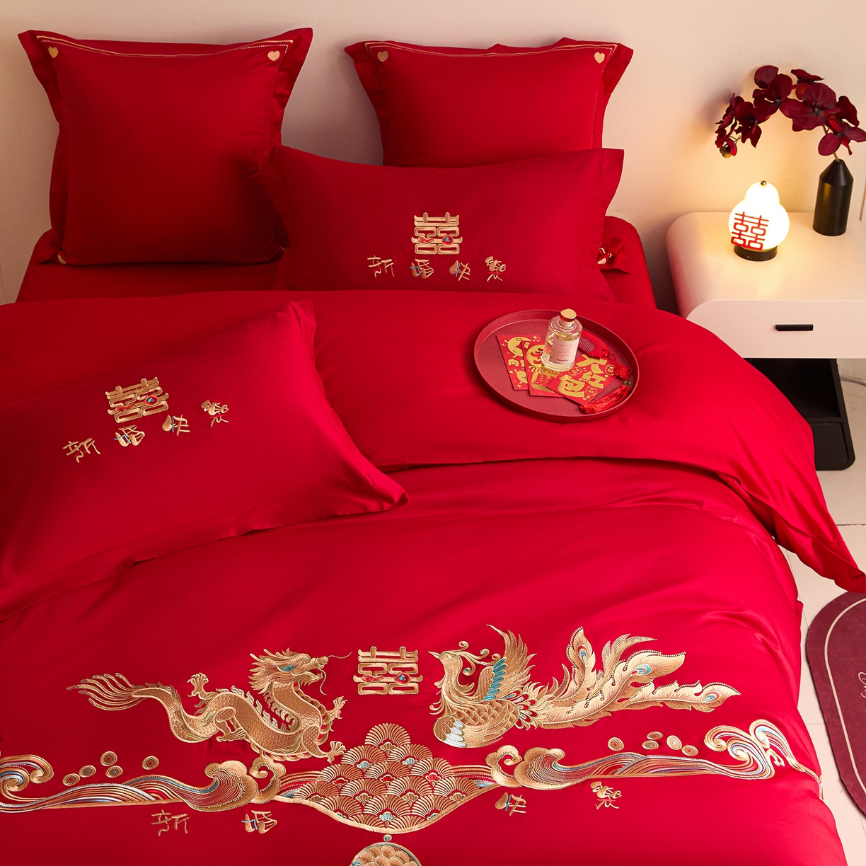 91家纺网 家纺一手货源 找家纺 东方合美（原：皇家传奇） 2025新款长绒棉纯棉婚庆刺绣小红书系列四件套 幸福嫁到