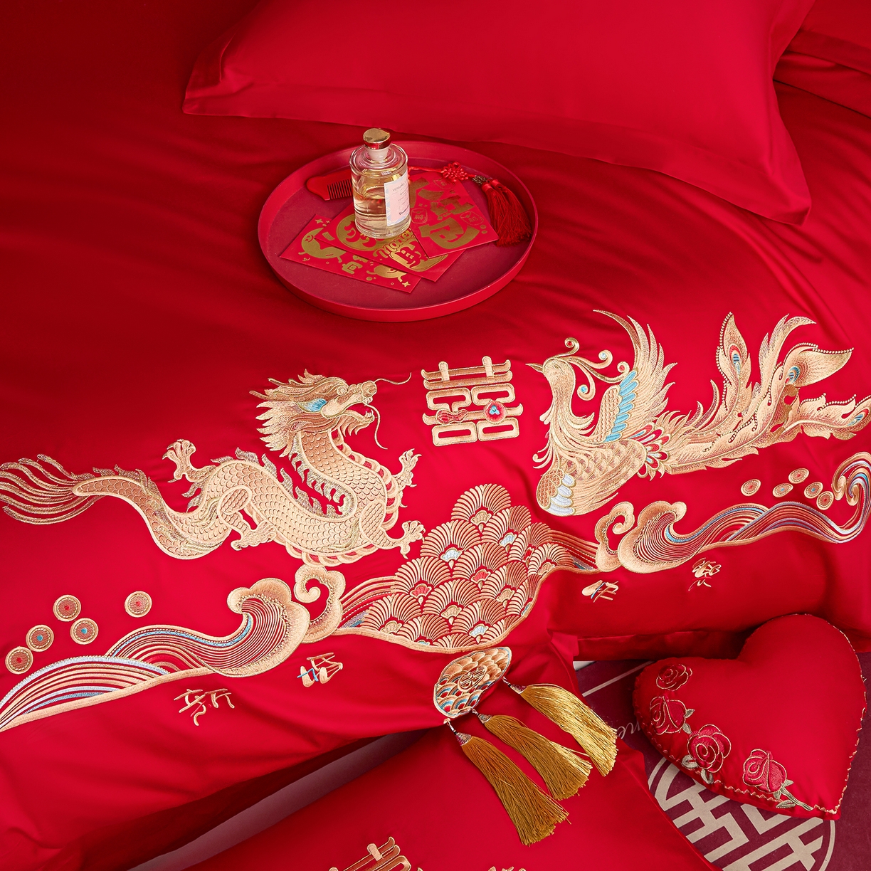 91家纺网 家纺一手货源 找家纺 东方合美（原：皇家传奇） 2025新款长绒棉纯棉婚庆刺绣小红书系列四件套 幸福嫁到