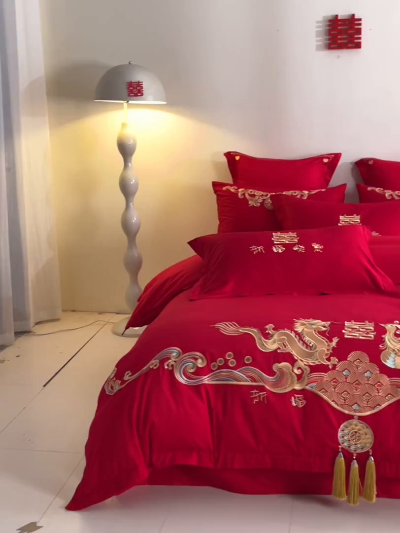 91家纺网 家纺一手货源 找家纺 东方合美（原：皇家传奇） 2025新款长绒棉纯棉婚庆刺绣小红书系列四件套 幸福嫁到