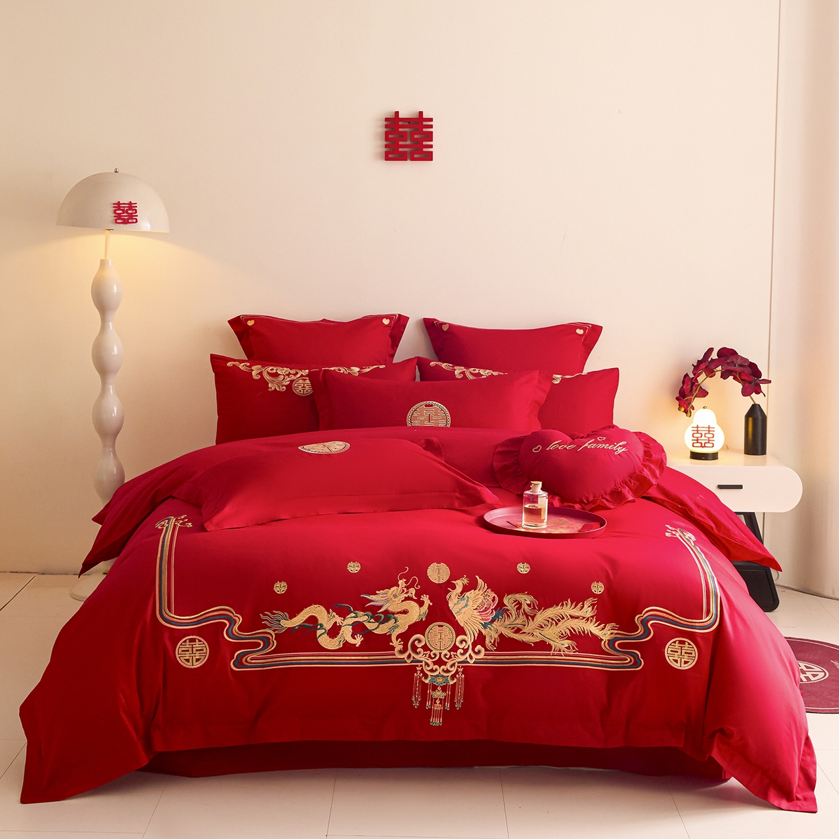 东方合美（原：皇家传奇） 2025新款长绒棉纯棉婚庆刺绣小红书系列四件套 幸福龙凤