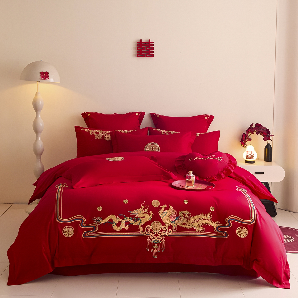 91家纺网 家纺一手货源 找家纺 东方合美（原：皇家传奇） 2025新款长绒棉纯棉婚庆刺绣小红书系列四件套 幸福龙凤
