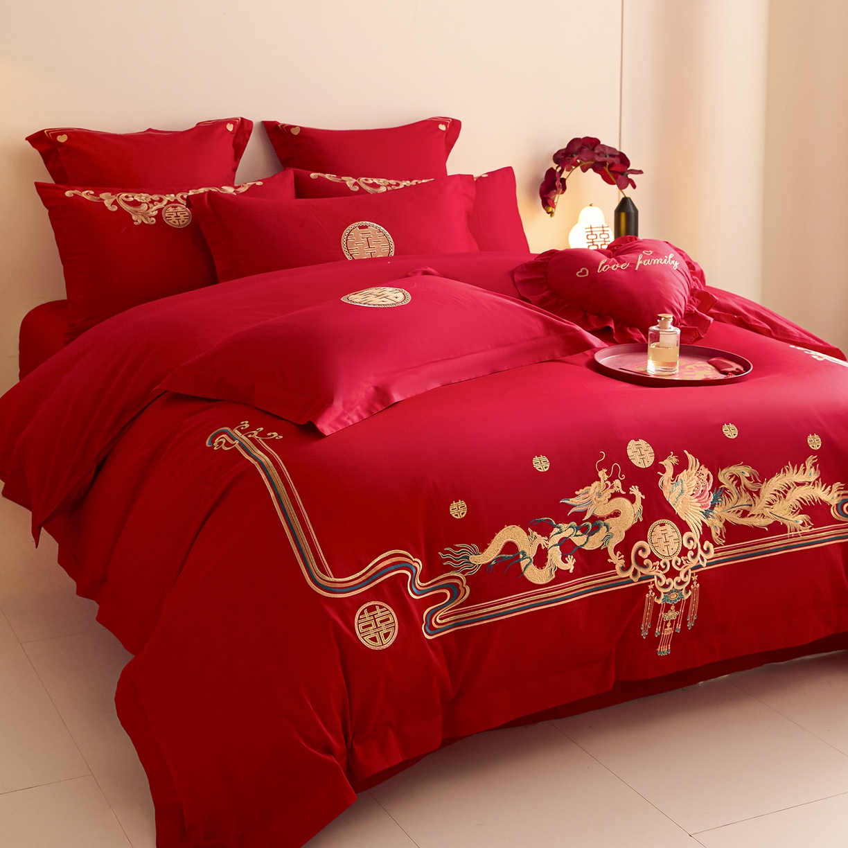 91家纺网 家纺一手货源 找家纺 东方合美（原：皇家传奇） 2025新款长绒棉纯棉婚庆刺绣小红书系列四件套 幸福龙凤