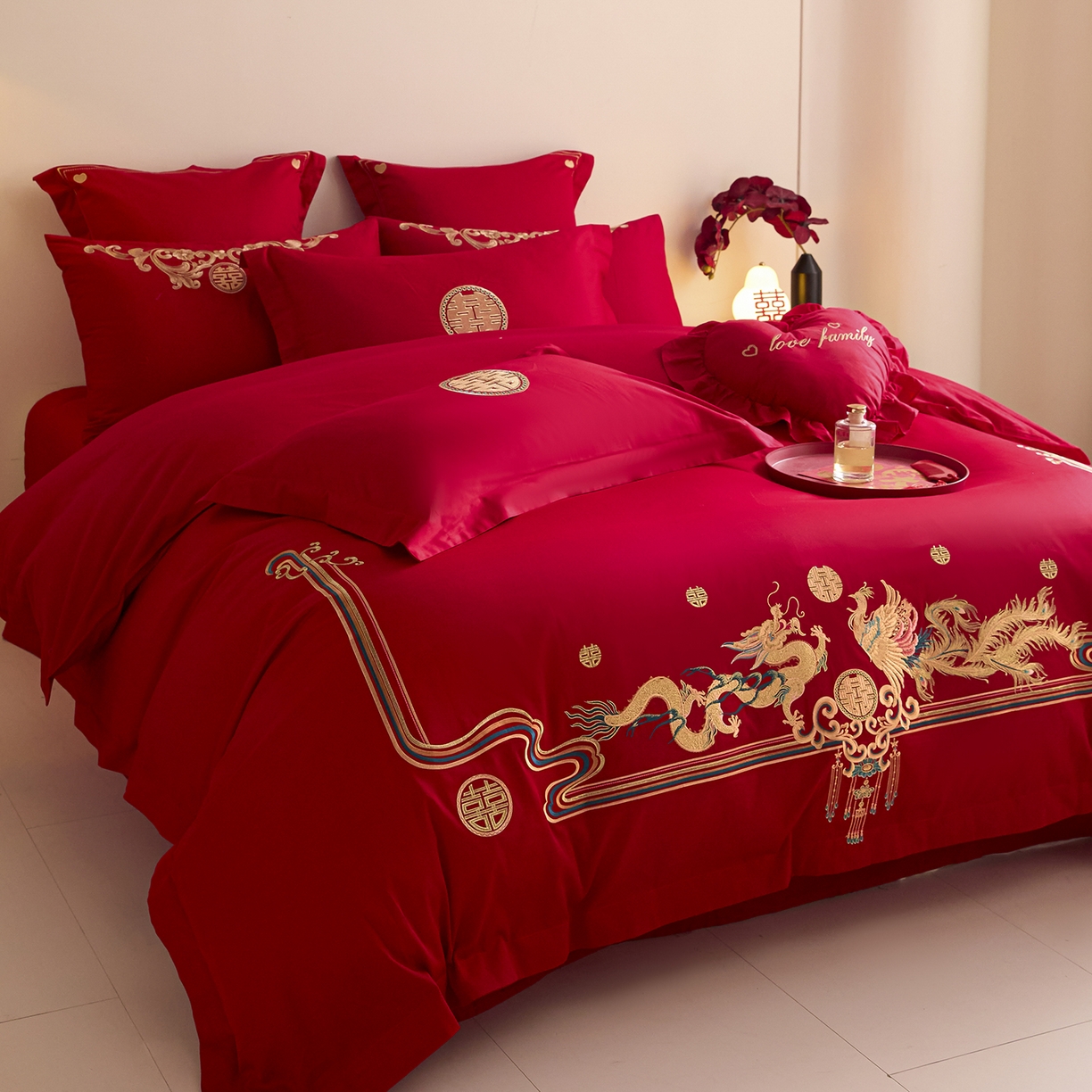 91家纺网 家纺一手货源 找家纺 东方合美（原：皇家传奇） 2025新款长绒棉纯棉婚庆刺绣小红书系列四件套 幸福龙凤