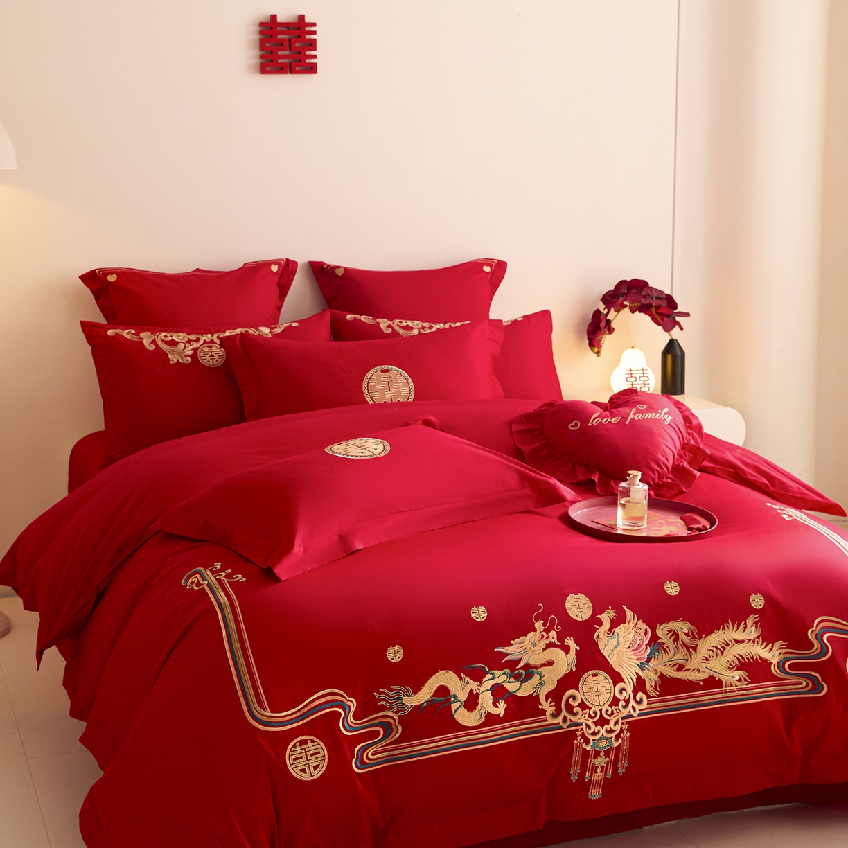 91家纺网 家纺一手货源 找家纺 东方合美（原：皇家传奇） 2025新款长绒棉纯棉婚庆刺绣小红书系列四件套 幸福龙凤