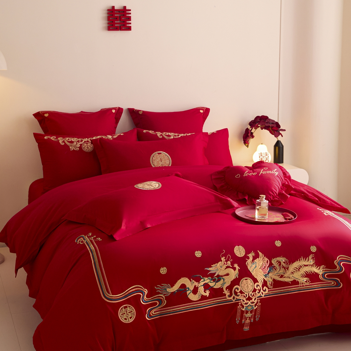 91家纺网 家纺一手货源 找家纺 东方合美（原：皇家传奇） 2025新款长绒棉纯棉婚庆刺绣小红书系列四件套 幸福龙凤