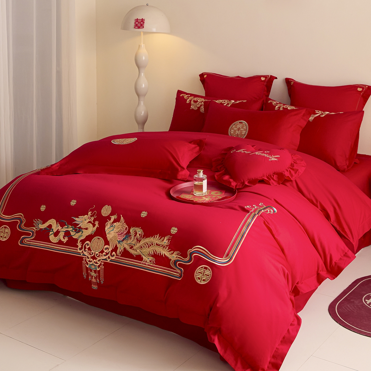 91家纺网 家纺一手货源 找家纺 东方合美（原：皇家传奇） 2025新款长绒棉纯棉婚庆刺绣小红书系列四件套 幸福龙凤