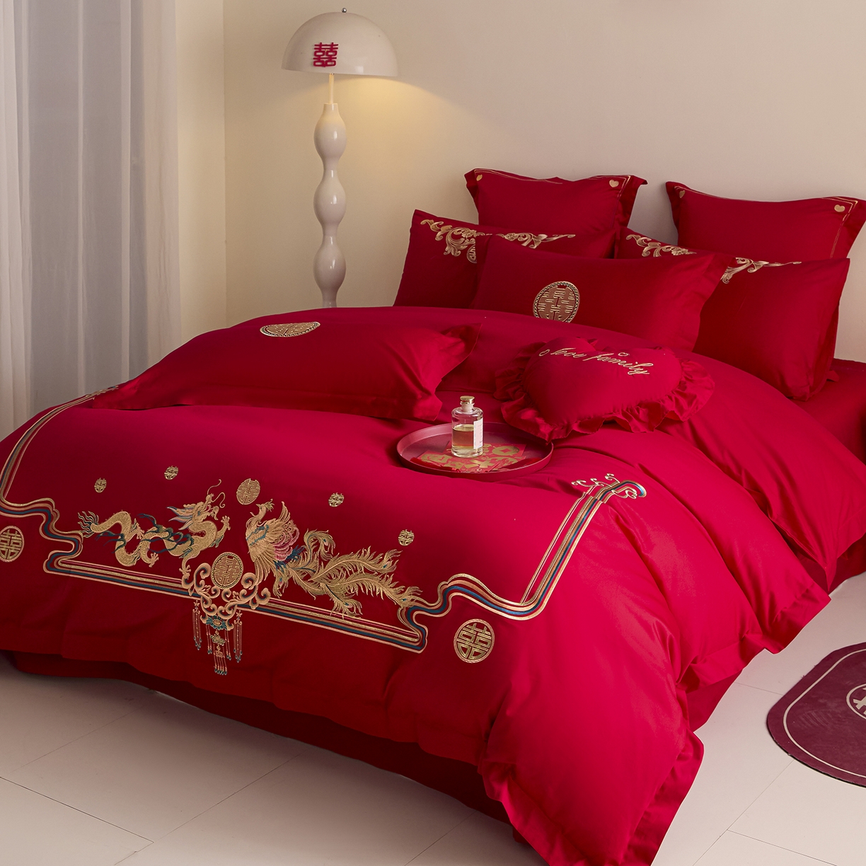 91家纺网 家纺一手货源 找家纺 东方合美（原：皇家传奇） 2025新款长绒棉纯棉婚庆刺绣小红书系列四件套 幸福龙凤