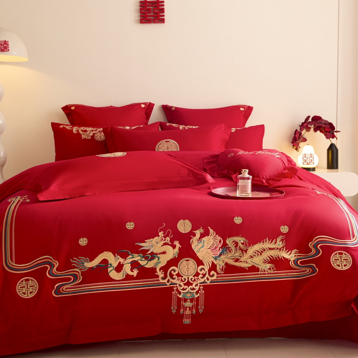 91家纺网 家纺一手货源 找家纺 东方合美（原：皇家传奇） 2025新款长绒棉纯棉婚庆刺绣小红书系列四件套 幸福龙凤