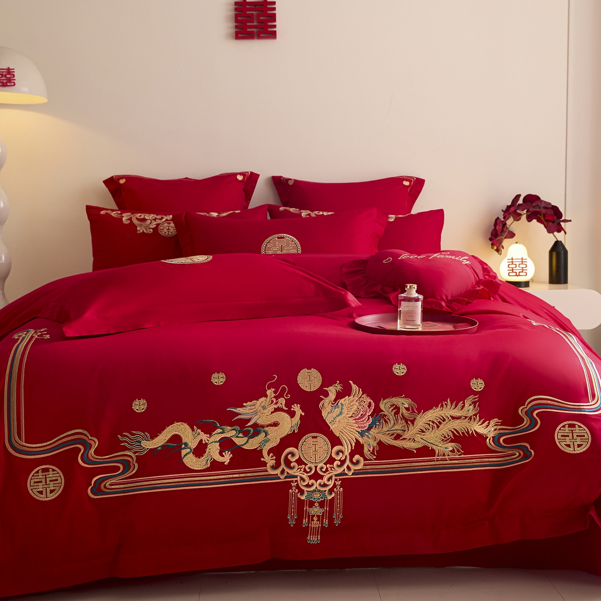 91家纺网 家纺一手货源 找家纺 东方合美（原：皇家传奇） 2025新款长绒棉纯棉婚庆刺绣小红书系列四件套 幸福龙凤