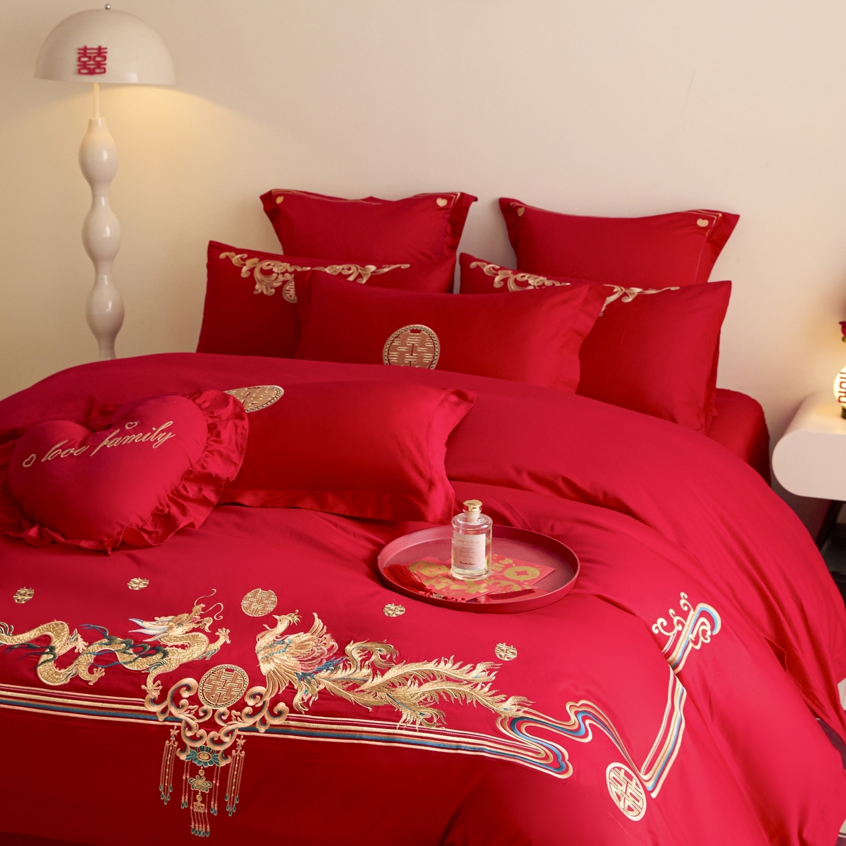 91家纺网 家纺一手货源 找家纺 东方合美（原：皇家传奇） 2025新款长绒棉纯棉婚庆刺绣小红书系列四件套 幸福龙凤