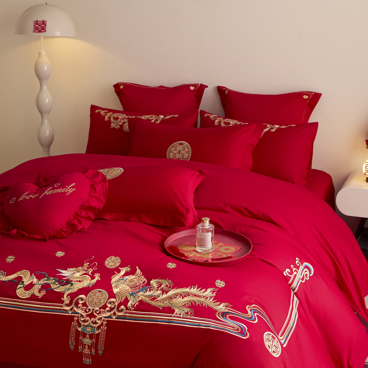 91家纺网 家纺一手货源 找家纺 东方合美（原：皇家传奇） 2025新款长绒棉纯棉婚庆刺绣小红书系列四件套 幸福龙凤