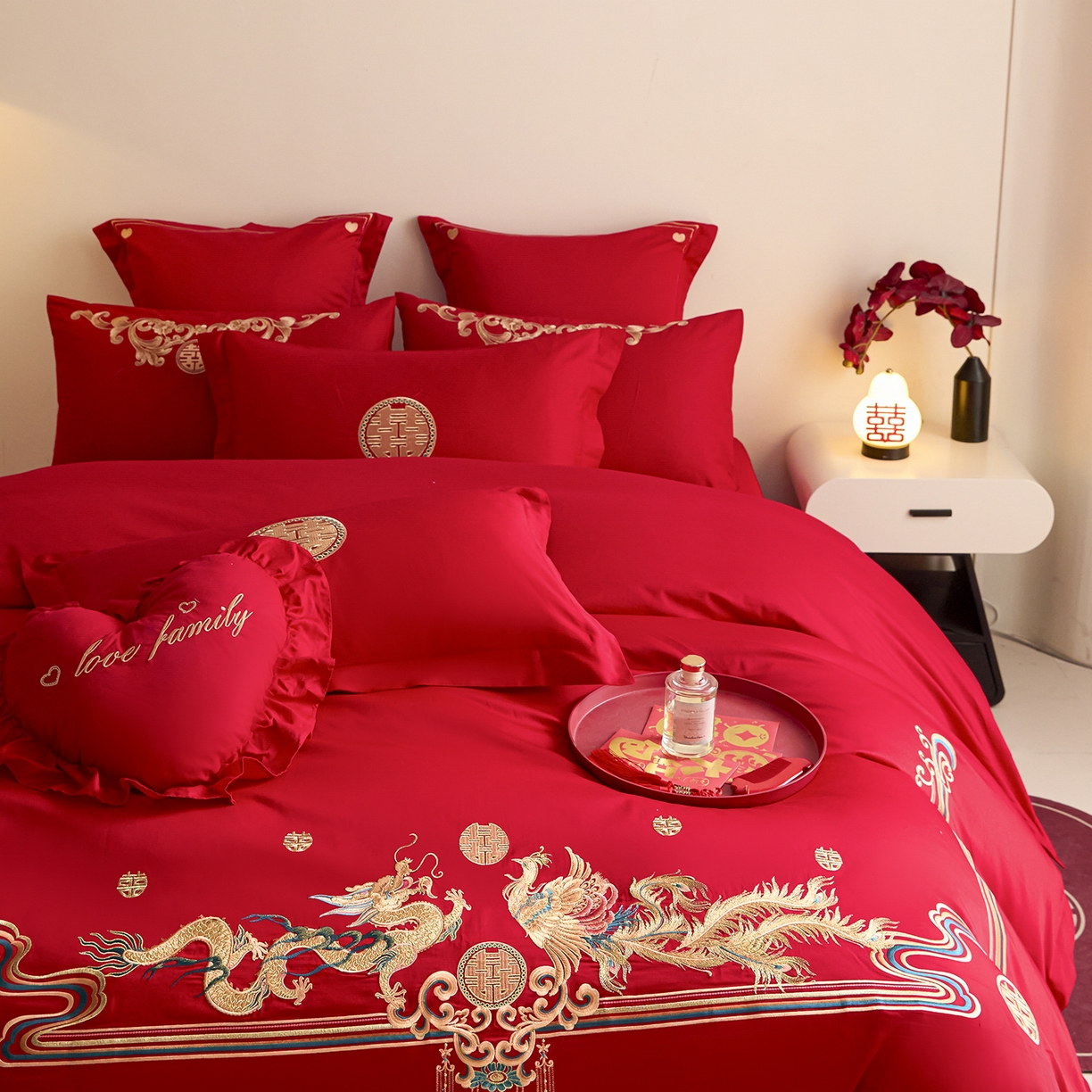 91家纺网 家纺一手货源 找家纺 东方合美（原：皇家传奇） 2025新款长绒棉纯棉婚庆刺绣小红书系列四件套 幸福龙凤