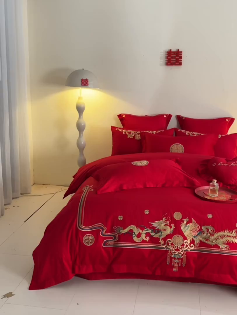 91家纺网 家纺一手货源 找家纺 东方合美（原：皇家传奇） 2025新款长绒棉纯棉婚庆刺绣小红书系列四件套 幸福龙凤