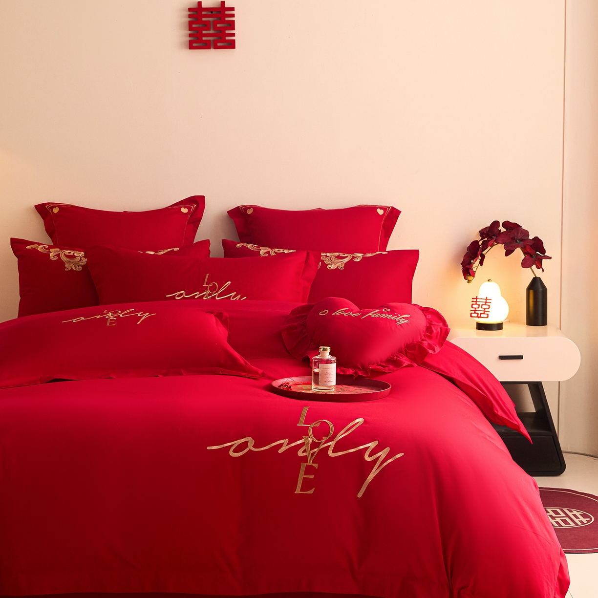 91家纺网 家纺一手货源 找家纺 东方合美（原：皇家传奇） 2025新款长绒棉纯棉婚庆刺绣小红书系列四件套 love