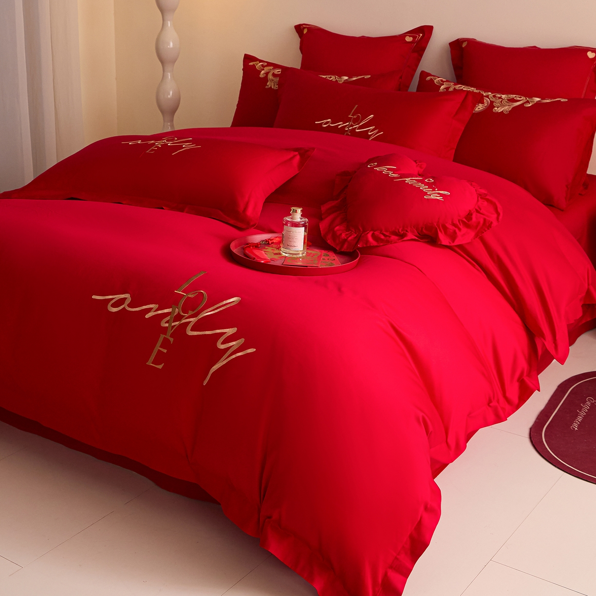 91家纺网 家纺一手货源 找家纺 东方合美（原：皇家传奇） 2025新款长绒棉纯棉婚庆刺绣小红书系列四件套 love