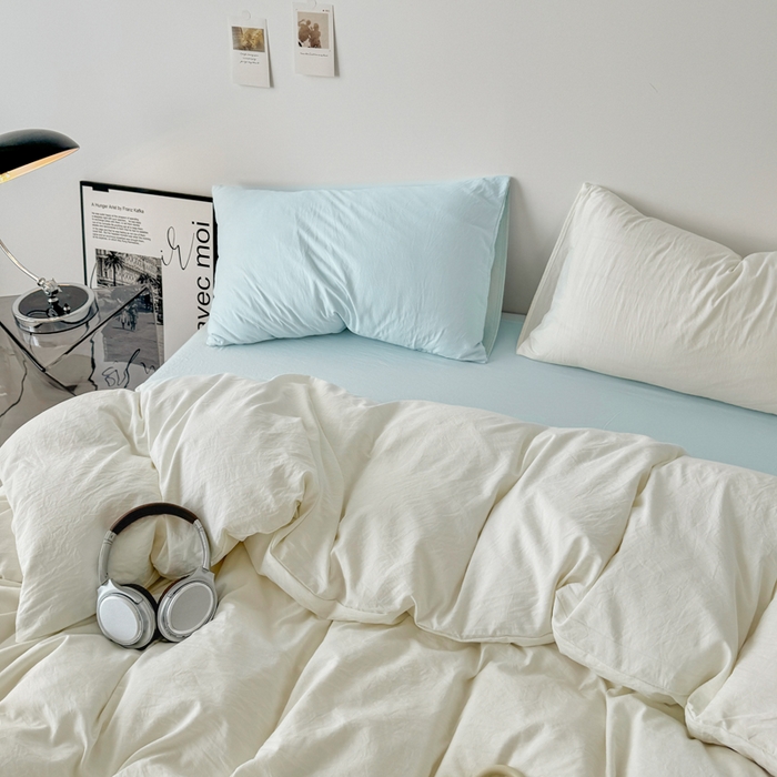 91家纺网 家纺一手货源 找家纺 芷凡家纺 2025新款A类加厚水洗棉云朵棉四件套 奶普+海盐兰