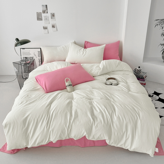 91家纺网 家纺一手货源 找家纺 芷凡家纺 2025新款A类加厚水洗棉云朵棉四件套 奶普+玫红