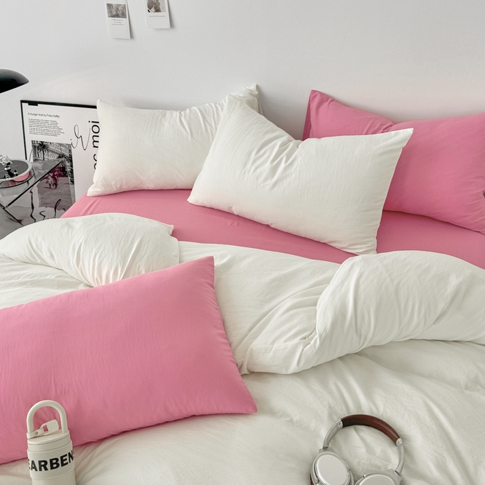 91家纺网 家纺一手货源 找家纺 芷凡家纺 2025新款A类加厚水洗棉云朵棉四件套 奶普+玫红