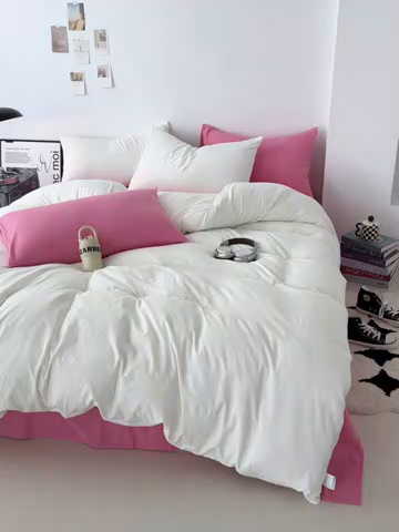 91家纺网 家纺一手货源 找家纺 芷凡家纺 2025新款A类加厚水洗棉云朵棉四件套 奶普+玫红