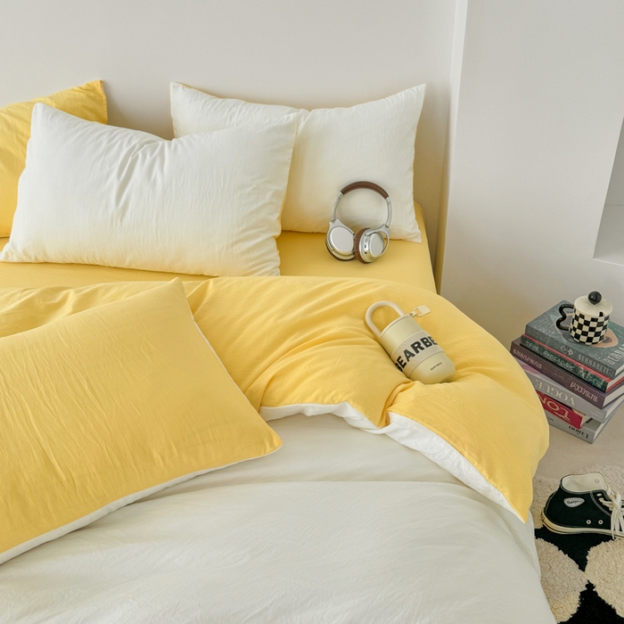 91家纺网 家纺一手货源 找家纺 芷凡家纺 2025新款A类加厚水洗棉云朵棉四件套 奶普+柠檬黄