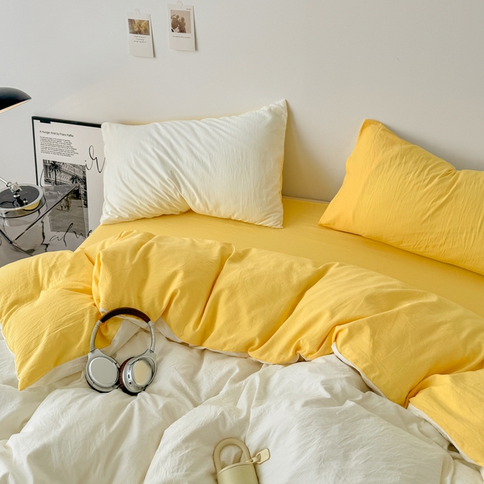 91家纺网 家纺一手货源 找家纺 芷凡家纺 2025新款A类加厚水洗棉云朵棉四件套 奶普+柠檬黄