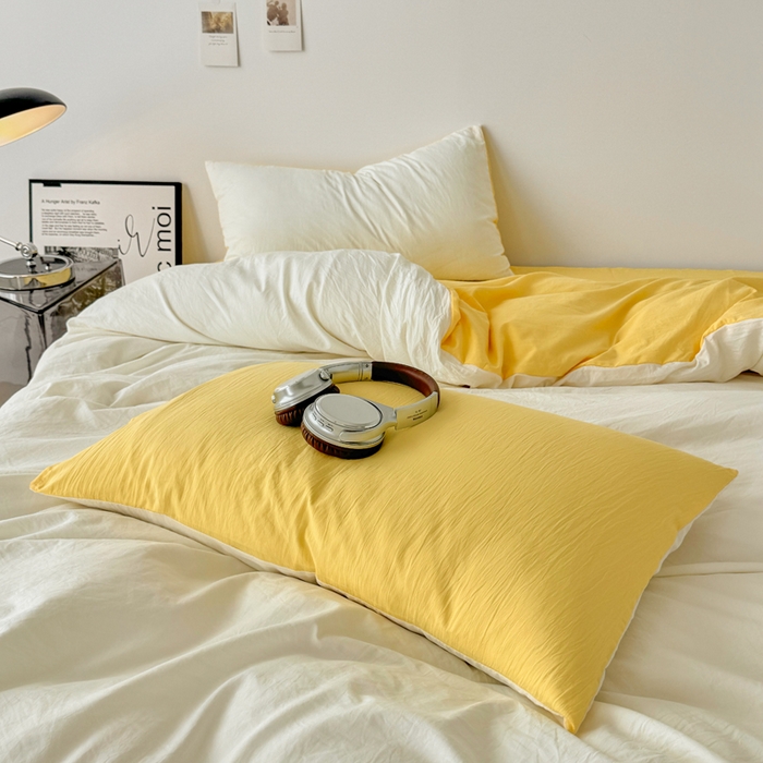 91家纺网 家纺一手货源 找家纺 芷凡家纺 2025新款A类加厚水洗棉云朵棉四件套 奶普+柠檬黄