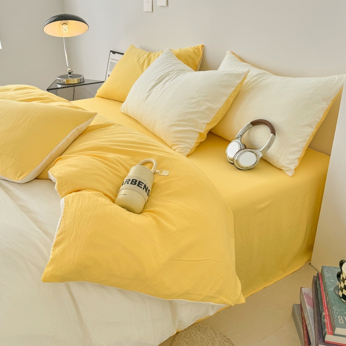 91家纺网 家纺一手货源 找家纺 芷凡家纺 2025新款A类加厚水洗棉云朵棉四件套 奶普+柠檬黄