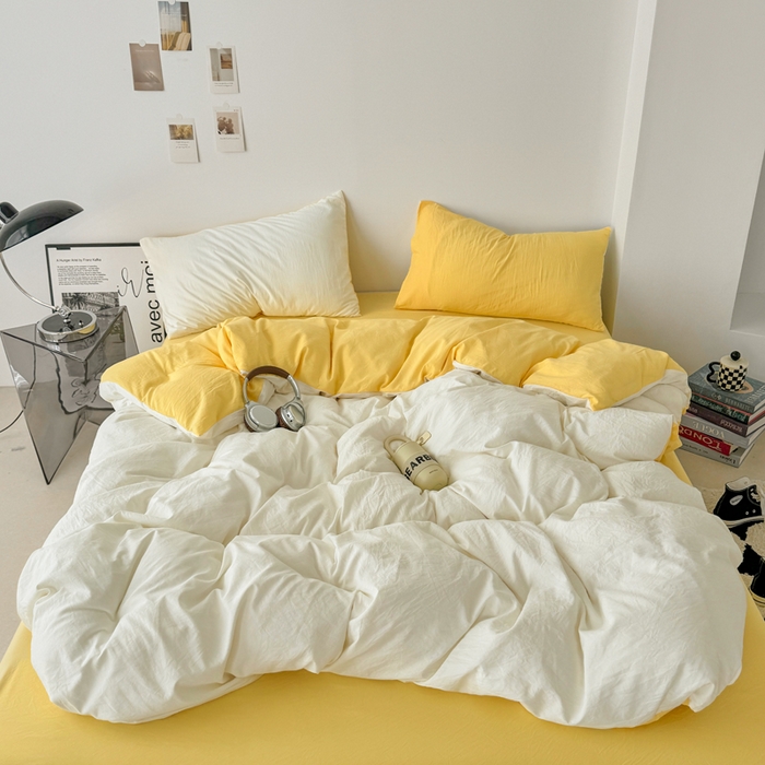 91家纺网 家纺一手货源 找家纺 芷凡家纺 2025新款A类加厚水洗棉云朵棉四件套 奶普+柠檬黄