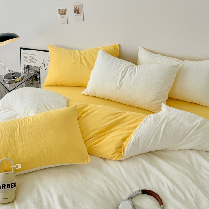 91家纺网 家纺一手货源 找家纺 芷凡家纺 2025新款A类加厚水洗棉云朵棉四件套 奶普+柠檬黄