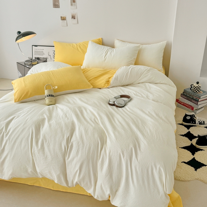 91家纺网 家纺一手货源 找家纺 芷凡家纺 2025新款A类加厚水洗棉云朵棉四件套 奶普+柠檬黄