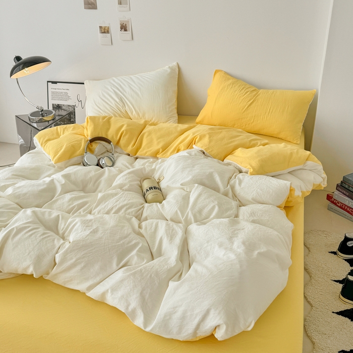 91家纺网 家纺一手货源 找家纺 芷凡家纺 2025新款A类加厚水洗棉云朵棉四件套 奶普+柠檬黄