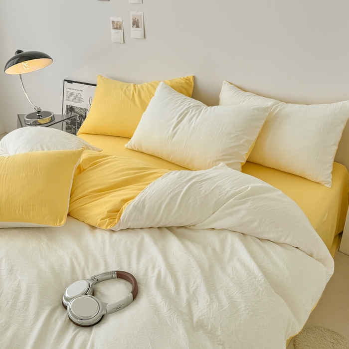 91家纺网 家纺一手货源 找家纺 芷凡家纺 2025新款A类加厚水洗棉云朵棉四件套 奶普+柠檬黄