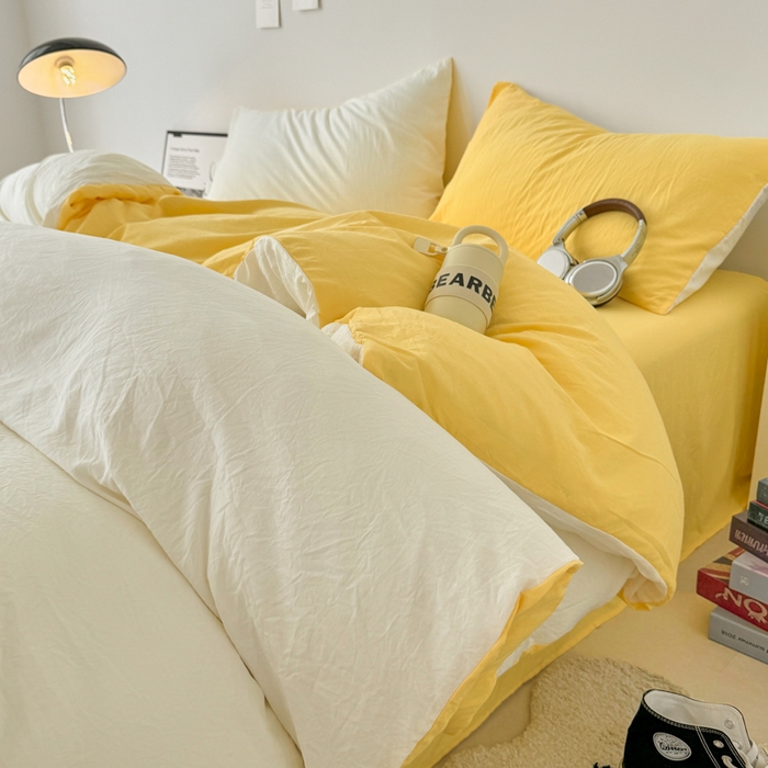 芷凡家纺 2025新款A类加厚水洗棉云朵棉四件套 奶普+柠檬黄