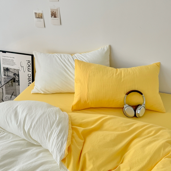 91家纺网 家纺一手货源 找家纺 芷凡家纺 2025新款A类加厚水洗棉云朵棉四件套 奶普+柠檬黄