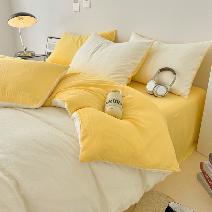 91家纺网 家纺一手货源 找家纺 芷凡家纺 2025新款A类加厚水洗棉云朵棉四件套 奶普+柠檬黄