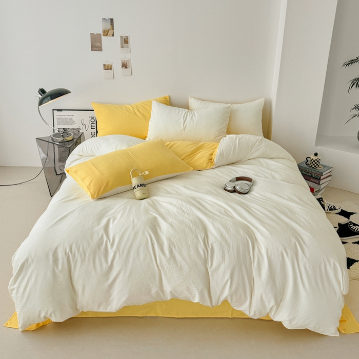 91家纺网 家纺一手货源 找家纺 芷凡家纺 2025新款A类加厚水洗棉云朵棉四件套 奶普+柠檬黄