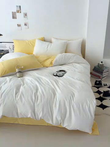 91家纺网 家纺一手货源 找家纺 芷凡家纺 2025新款A类加厚水洗棉云朵棉四件套 奶普+柠檬黄