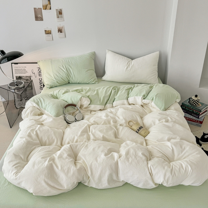 91家纺网 家纺一手货源 找家纺 芷凡家纺 2025新款A类加厚水洗棉云朵棉四件套 奶普+藻绿