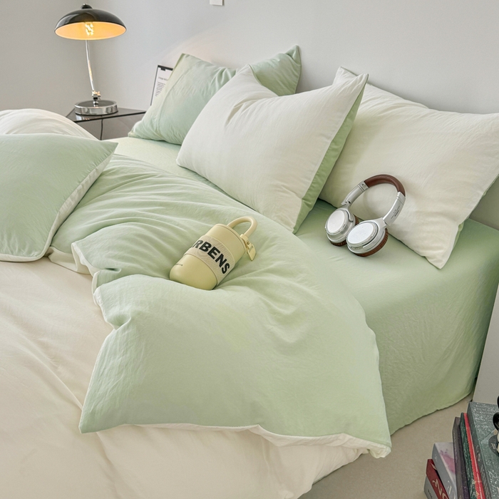 91家纺网 家纺一手货源 找家纺 芷凡家纺 2025新款A类加厚水洗棉云朵棉四件套 奶普+藻绿