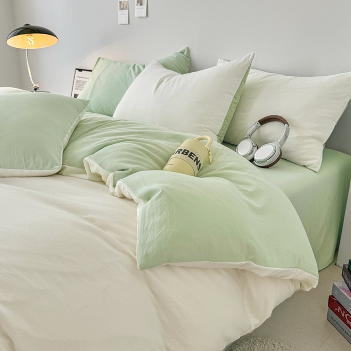 91家纺网 家纺一手货源 找家纺 芷凡家纺 2025新款A类加厚水洗棉云朵棉四件套 奶普+藻绿